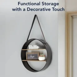 Kirkland's Home Metal Circle Wall Shelf With Leather Strap- Shelves