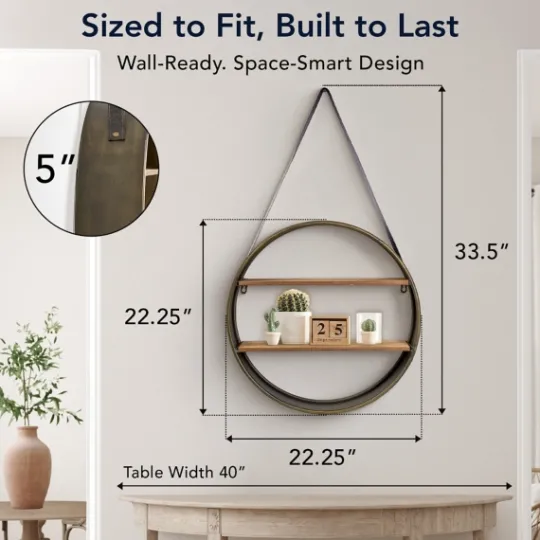 Kirkland's Home Metal Circle Wall Shelf With Leather Strap- Shelves