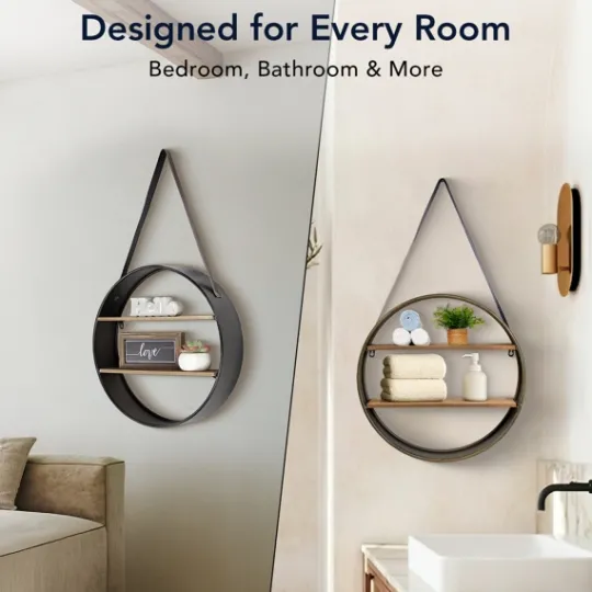 Kirkland's Home Metal Circle Wall Shelf With Leather Strap- Shelves