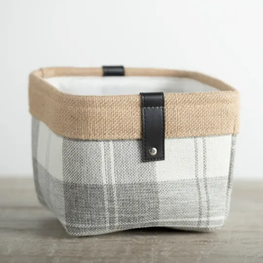 Kirkland's Home Mini Gray Plaid Bin With Leather Accent- Baskets & Boxes