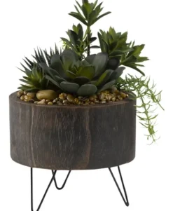 Kirkland's Home Mixed Greenery Arrangement In Round Wooden Planter- Trees & Topiaries