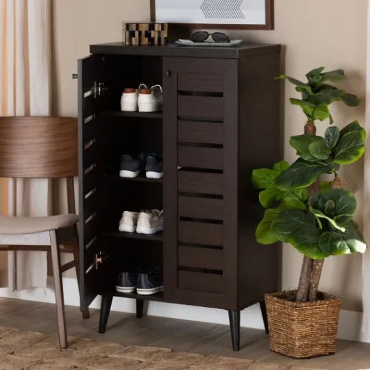 Kirkland's Home Mocha Tall Slatted Shoe Storage Cabinet- Entryway Furniture