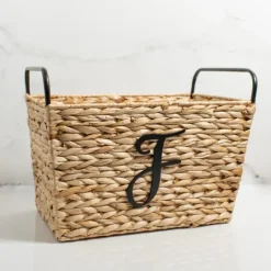 Kirkland's Home Monogram F Woven Rat Metal Handle Basket- Baskets & Boxes