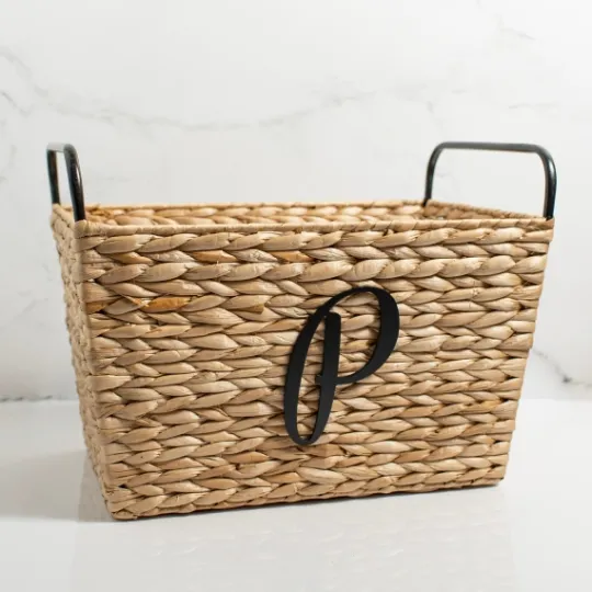 Kirkland's Home Monogram P Woven Rat Metal Handle Basket- Baskets & Boxes