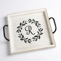 Kirkland's Home Monogram R Wood Tray With Handles- Decorative Trays