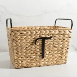 Kirkland's Home Monogram T Woven Rat Metal Handle Basket- Baskets & Boxes