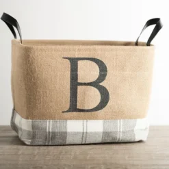 Kirkland's Home Monogrammed B Gray Plaid Leather Handle Jute Bin- Baskets & Boxes