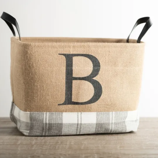 Kirkland's Home Monogrammed B Gray Plaid Leather Handle Jute Bin- Baskets & Boxes