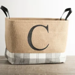 Kirkland's Home Monogrammed C Gray Plaid Leather Handle Jute Bin- Baskets & Boxes