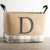 Kirkland's Home Monogrammed D Gray Plaid Leather Handle Jute Bin- Baskets & Boxes