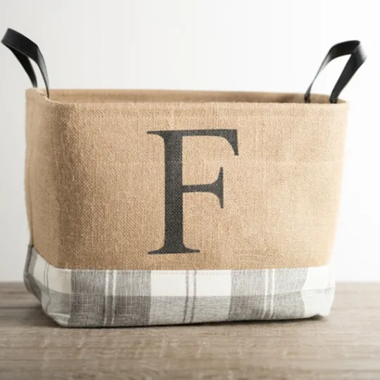 Kirkland's Home Monogrammed F Gray Plaid Leather Handle Jute Bin- Baskets & Boxes