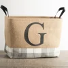 Kirkland's Home Monogrammed G Gray Plaid Leather Handle Jute Bin- Baskets & Boxes