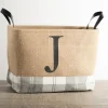 Kirkland's Home Monogrammed J Gray Plaid Leather Handle Jute Bin- Baskets & Boxes