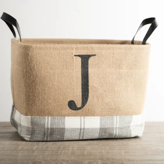 Kirkland's Home Monogrammed J Gray Plaid Leather Handle Jute Bin- Baskets & Boxes