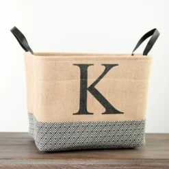 Kirkland's Home Monogrammed K Black Diamond Jute Storage Bin- Baskets & Boxes
