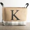 Kirkland's Home Monogrammed K Gray Plaid Leather Handle Jute Bin- Baskets & Boxes