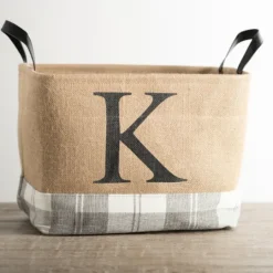 Kirkland's Home Monogrammed K Gray Plaid Leather Handle Jute Bin- Baskets & Boxes