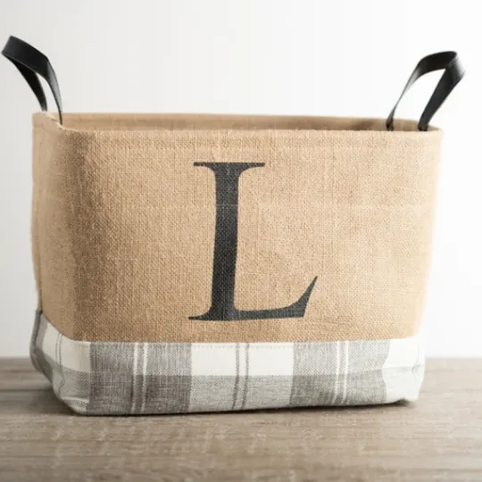 Kirkland's Home Monogrammed L Gray Plaid Leather Handle Jute Bin- Baskets & Boxes