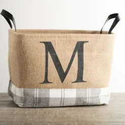 Kirkland's Home Monogrammed M Gray Plaid Leather Handle Jute Bin- Baskets & Boxes