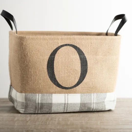 Kirkland's Home Monogrammed O Gray Plaid Leather Handle Jute Bin- Baskets & Boxes