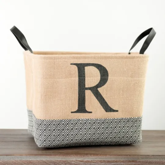 Kirkland's Home Monogrammed R Black Diamond Jute Storage Bin- Baskets & Boxes