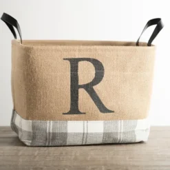 Kirkland's Home Monogrammed R Gray Plaid Leather Handle Jute Bin- Baskets & Boxes
