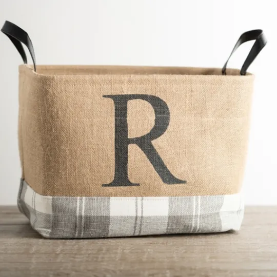 Kirkland's Home Monogrammed R Gray Plaid Leather Handle Jute Bin- Baskets & Boxes