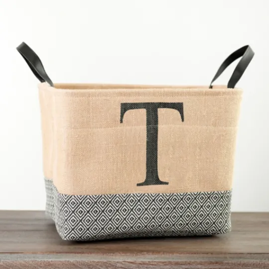 Kirkland's Home Monogrammed T Black Diamond Jute Storage Bin- Baskets & Boxes