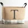 Kirkland's Home Monogrammed T Gray Plaid Leather Handle Jute Bin- Baskets & Boxes