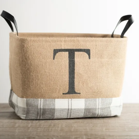 Kirkland's Home Monogrammed T Gray Plaid Leather Handle Jute Bin- Baskets & Boxes