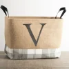 Kirkland's Home Monogrammed V Gray Plaid Leather Handle Jute Bin- Baskets & Boxes