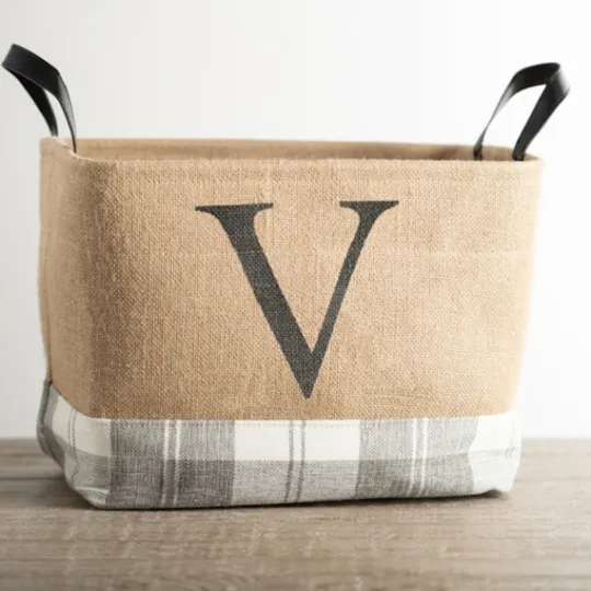 Kirkland's Home Monogrammed V Gray Plaid Leather Handle Jute Bin- Baskets & Boxes