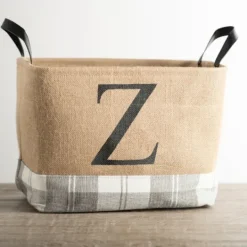 Kirkland's Home Monogrammed Z Gray Plaid Leather Handle Jute Bin- Baskets & Boxes