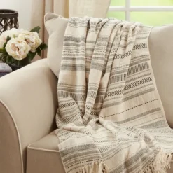 Kirkland's Home Natural Block Print Throw With Fringe- Blankets & Throws