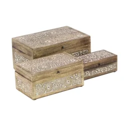 Kirkland's Home Natural Floral Carved Wood Boxes, Set Of 3- Baskets & Boxes