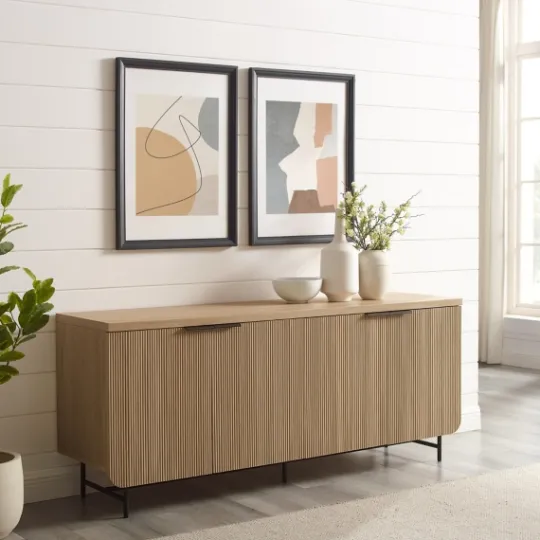 Kirkland's Home Natural Fluted Wood 4-Door Scandinavian Cabinet- Cabinets & Sideboards