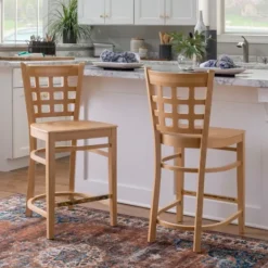 Kirkland's Home Natural Grid Back Wood Counter Stools, Set Of 2- Bar Stools & Counter Height Stools