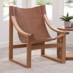 Kirkland's Home Natural Leather And Wood Sling Accent Chair- Accent Chairs