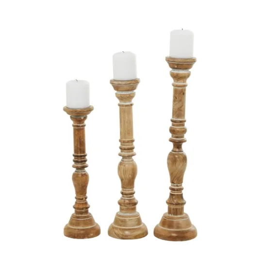 Kirkland's Home Natural Mango Wood Carved Candle Holders, Set Of 3- Candle Holders