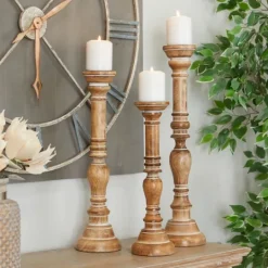 Kirkland's Home Natural Mango Wood Carved Candle Holders, Set Of 3- Candle Holders