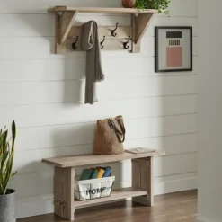 Kirkland's Home Natural Mango Wood 2-Pc. Wall Hook And Bench Set- Entryway Furniture