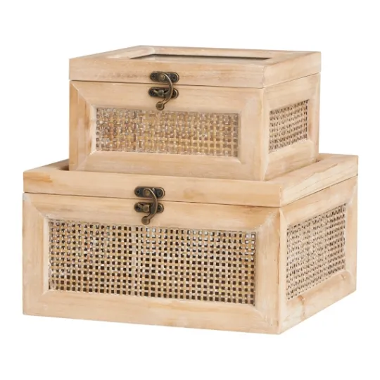 Kirkland's Home Natural Rat And Glass Top Boxes, Set Of 2- Baskets & Boxes