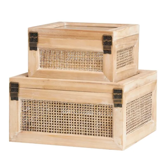 Kirkland's Home Natural Rat And Glass Top Boxes, Set Of 2- Baskets & Boxes