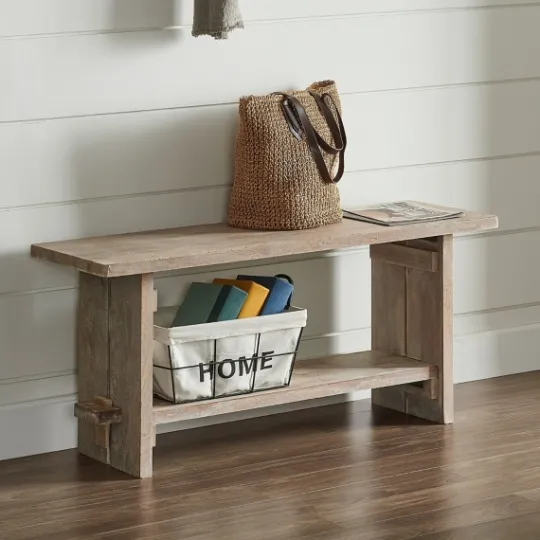 Kirkland's Home Natural Rustic Whitewashed Mango Wood Bench- Benches & Ottomans