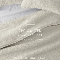 Kirkland's Home Natural Stitched Floral 3-Pc. Queen Quilt Set- Quilts