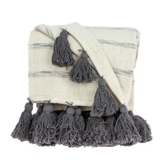 Kirkland's Home Natural Striped Cotton Handloomed Tassel Throw- Blankets & Throws