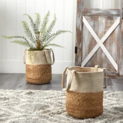 Kirkland's Home Natural Tan And White Jute Basket With Handles- Baskets & Boxes