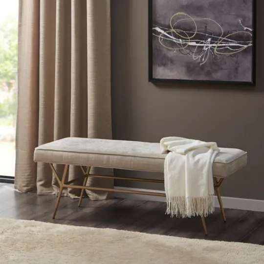 Kirkland's Home Natural Tufted Upholstery Tapered Leg Bench- Benches & Ottomans