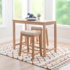 Kirkland's Home Natural Wood & Upholstered Stools 3-Pc. Dining Set- Dining Tables