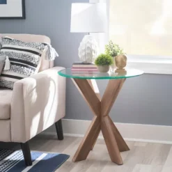 Kirkland's Home Natural Wood And Glass Top X-Base Accent Table- Accent & End Tables